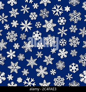 Christmas seamless pattern of snowflakes with shadows, white on blue background Stock Vector