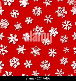 Christmas seamless pattern of snowflakes with shadows, white on red background Stock Vector