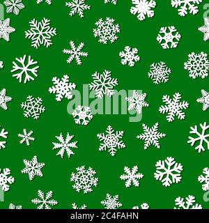 Christmas seamless pattern of snowflakes with shadows, white on green background Stock Vector