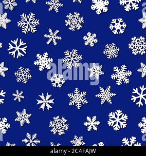 Christmas seamless pattern of snowflakes with shadows, white on blue background Stock Vector