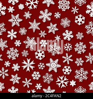 Christmas seamless pattern of snowflakes with shadows, white on red background Stock Vector