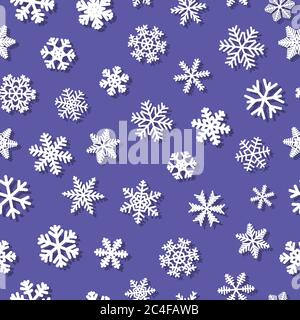 Christmas seamless pattern of snowflakes with shadows, white on purple background Stock Vector