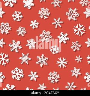 Christmas seamless pattern of snowflakes with shadows, white on orange background Stock Vector