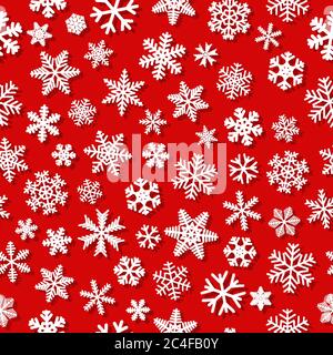 Christmas seamless pattern of snowflakes with shadows, white on red background Stock Vector