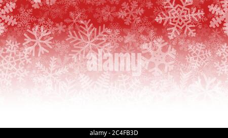 Christmas illustration of many layers of snowflakes of different shapes, sizes and transparency. On gradient background from red to white. Stock Vector