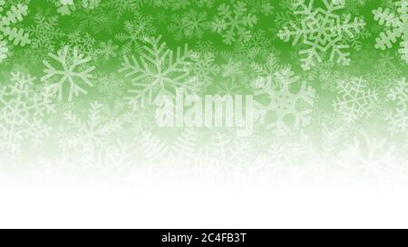 Christmas illustration of many layers of snowflakes of different shapes, sizes and transparency. On gradient background from green to white. Stock Vector