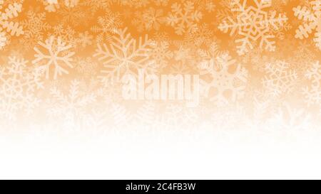 Christmas illustration of many layers of snowflakes of different shapes, sizes and transparency. On gradient background from orange to white. Stock Vector