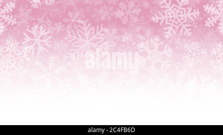 Christmas illustration of many layers of snowflakes of different shapes, sizes and transparency. On gradient background from pink to white. Stock Vector