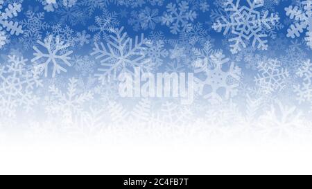 Christmas illustration of many layers of snowflakes of different shapes, sizes and transparency. On gradient background from blue to white. Stock Vector