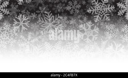 Christmas illustration of many layers of snowflakes of different shapes, sizes and transparency. On gradient background from black to white. Stock Vector