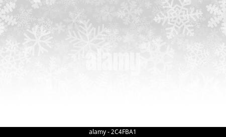 Christmas illustration of many layers of snowflakes of different shapes, sizes and transparency. On gradient background from gray to white. Stock Vector