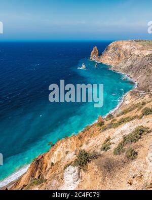 Sea Aerial view, Top view,amazing nature background.The color of the water and beautifully bright. Azure beach with rocky mountains and clear water at Stock Photo