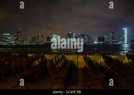 Winter cruise . New York City skyline by night. View from Hudson river, New York, USA, America. Stock Photo