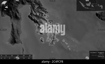 Sulawesi Tenggara, province of Indonesia. Grayscaled map with lakes and rivers. Shape presented against its country area with informative overlays. 3D Stock Photo