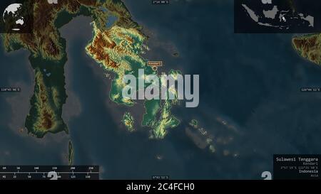 Sulawesi Tenggara, province of Indonesia. Colored relief with lakes and rivers. Shape presented against its country area with informative overlays. 3D Stock Photo