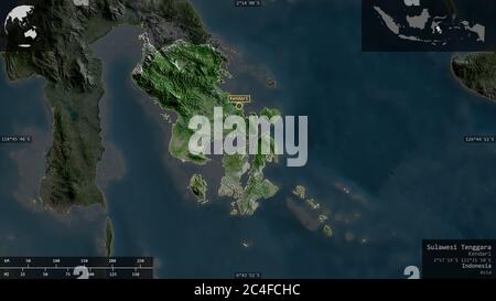 Sulawesi Tenggara, province of Indonesia. Satellite imagery. Shape presented against its country area with informative overlays. 3D rendering Stock Photo