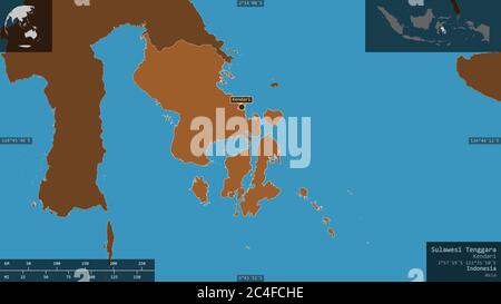 Sulawesi Tenggara, province of Indonesia. Patterned solids with lakes and rivers. Shape presented against its country area with informative overlays. Stock Photo