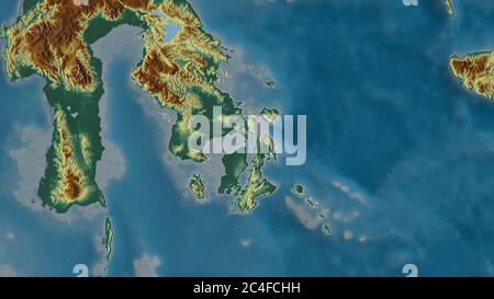 Sulawesi Tenggara, province of Indonesia. Colored relief with lakes and rivers. Shape outlined against its country area. 3D rendering Stock Photo