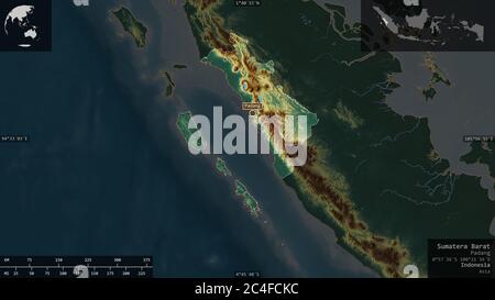 Sumatera Barat, province of Indonesia. Colored relief with lakes and rivers. Shape presented against its country area with informative overlays. 3D re Stock Photo