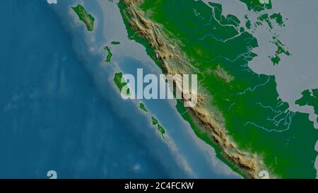 Sumatera Barat, province of Indonesia. Colored shader data with lakes and rivers. Shape outlined against its country area. 3D rendering Stock Photo