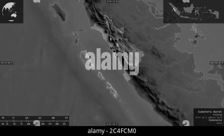 Sumatera Barat, province of Indonesia. Grayscaled map with lakes and rivers. Shape presented against its country area with informative overlays. 3D re Stock Photo