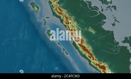 Sumatera Barat, province of Indonesia. Colored relief with lakes and rivers. Shape outlined against its country area. 3D rendering Stock Photo