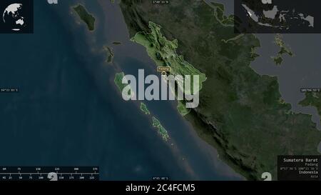 Sumatera Barat, province of Indonesia. Satellite imagery. Shape presented against its country area with informative overlays. 3D rendering Stock Photo