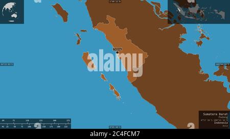 Sumatera Barat, province of Indonesia. Patterned solids with lakes and rivers. Shape presented against its country area with informative overlays. 3D Stock Photo