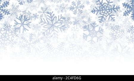 Christmas background of many layers of snowflakes of different shapes, sizes and transparency. Gradient from blue to white Stock Vector