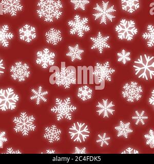 Christmas seamless pattern of white snowflakes of different shapes on red background Stock Vector