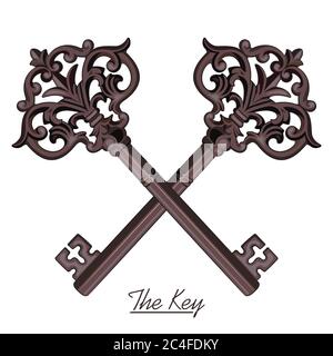 Ornamental medieval vintage keys with victorian leaf scrolls, hand-drawn antique keys Stock Vector