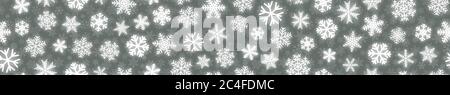 Christmas horizontal seamless banner of white snowflakes on gray background Stock Vector