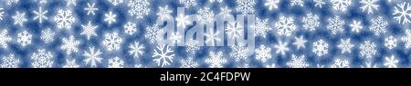 Christmas horizontal seamless banner of white snowflakes on blue background Stock Vector