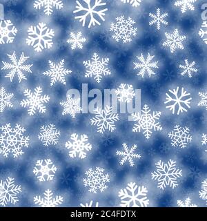 Christmas seamless pattern of white snowflakes of different shapes on blue background Stock Vector