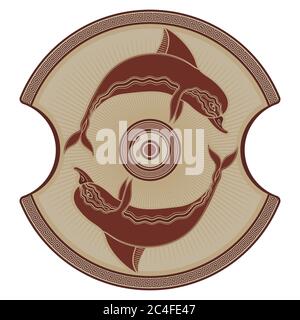 Ancient greek shield, the image of a Dolphin and greek ornament meander Stock Vector