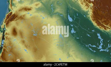 Al-Anbar, province of Iraq. Colored relief with lakes and rivers. Shape outlined against its country area. 3D rendering Stock Photo