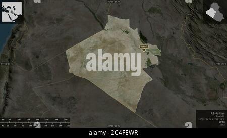 Al-Anbar, province of Iraq. Satellite imagery. Shape presented against its country area with informative overlays. 3D rendering Stock Photo