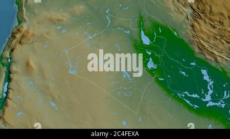 Al-Anbar, province of Iraq. Colored shader data with lakes and rivers. Shape outlined against its country area. 3D rendering Stock Photo