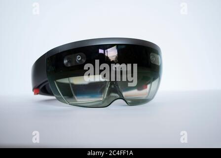 Virtual hololens. Smart glasses isolated on white. Virtual reality headset. Front view. Back view. Mixed reality headset isolated. Stock Photo