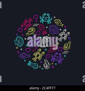 Vivid color sea life icons in circle composition Stock Vector