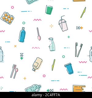Seamless pattern with different kinds of plastic waste. Stock Vector