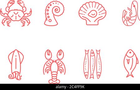 Red linear seafood icon set, flat design Stock Vector