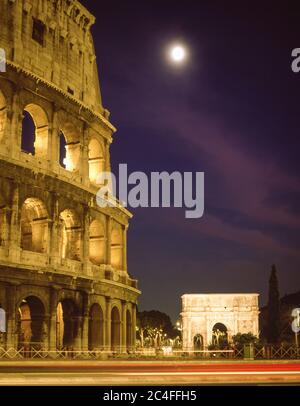 The Colosseum (Colosseo) illuminated at dusk, IV Templum Pacis, Rome (Roma), Lazio Region, Italy Stock Photo