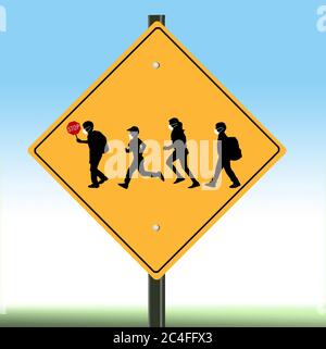 A school crossing sign includes silhouettes of children wearing surgical masks in light of the Covid-19 pandemic and it’s effects on education. Stock Photo