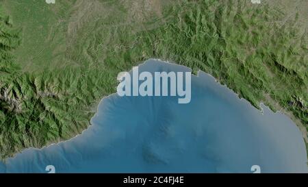 Liguria, region of Italy. Satellite imagery. Shape outlined against its country area. 3D rendering Stock Photo