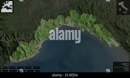 Liguria, region of Italy. Satellite imagery. Shape presented against its country area with informative overlays. 3D rendering Stock Photo