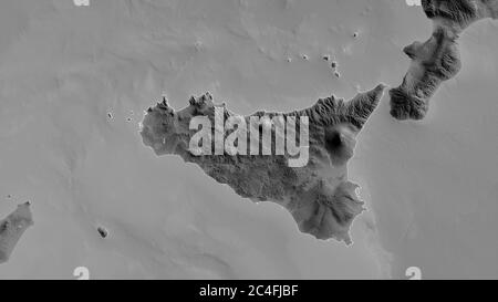 Sicily, autonomous region of Italy. Grayscaled map with lakes and rivers. Shape outlined against its country area. 3D rendering Stock Photo