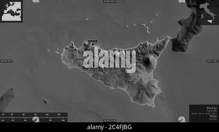 Sicily, autonomous region of Italy. Grayscaled map with lakes and rivers. Shape presented against its country area with informative overlays. 3D rende Stock Photo