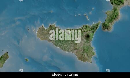 Sicily, autonomous region of Italy. Satellite imagery. Shape outlined against its country area. 3D rendering Stock Photo