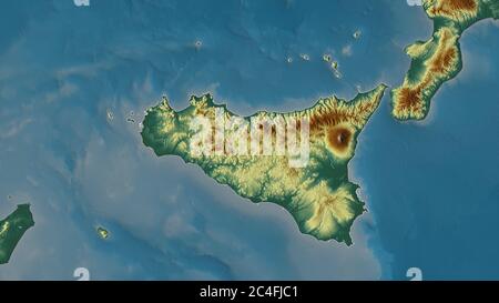 Sicily, autonomous region of Italy. Colored relief with lakes and rivers. Shape outlined against its country area. 3D rendering Stock Photo